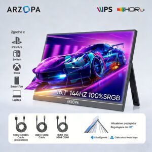ARZOPA przenośny monitor 16,1"/17,3" FHD 1080P 60Hz/144Hz, przedłużacz ekranu laptopa do komputera PC, Mac, Xbox Switch, PS5, iPhone, wyświetlacz IPS, wyświetlacz komputerowy, HDR, ekran zewnętrzny, gra, praca z domu